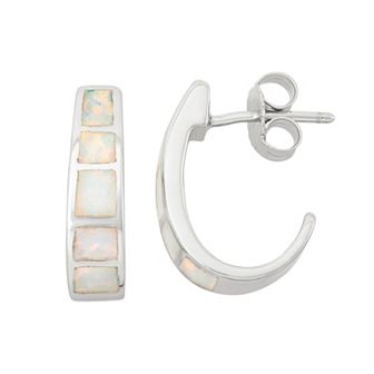 Lab-Created Opal Sterling Silver J-Hoop Earrings