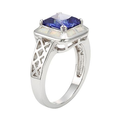 Cubic Zirconia & Opal Sterling Silver Halo Openwork Ring
