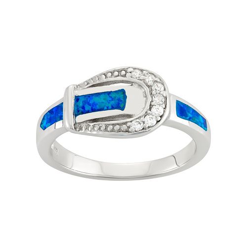 Cubic Zirconia & LabCreated Blue Opal Sterling Silver Buckle Ring