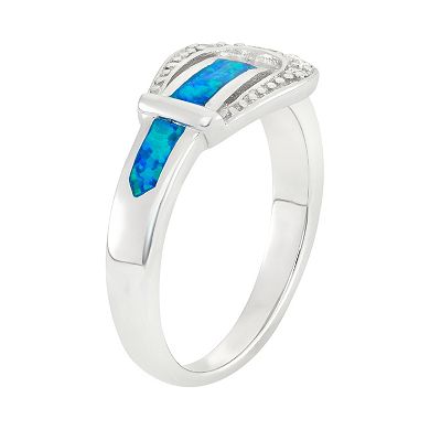 Cubic Zirconia & Lab-Created Blue Opal Sterling Silver Buckle Ring