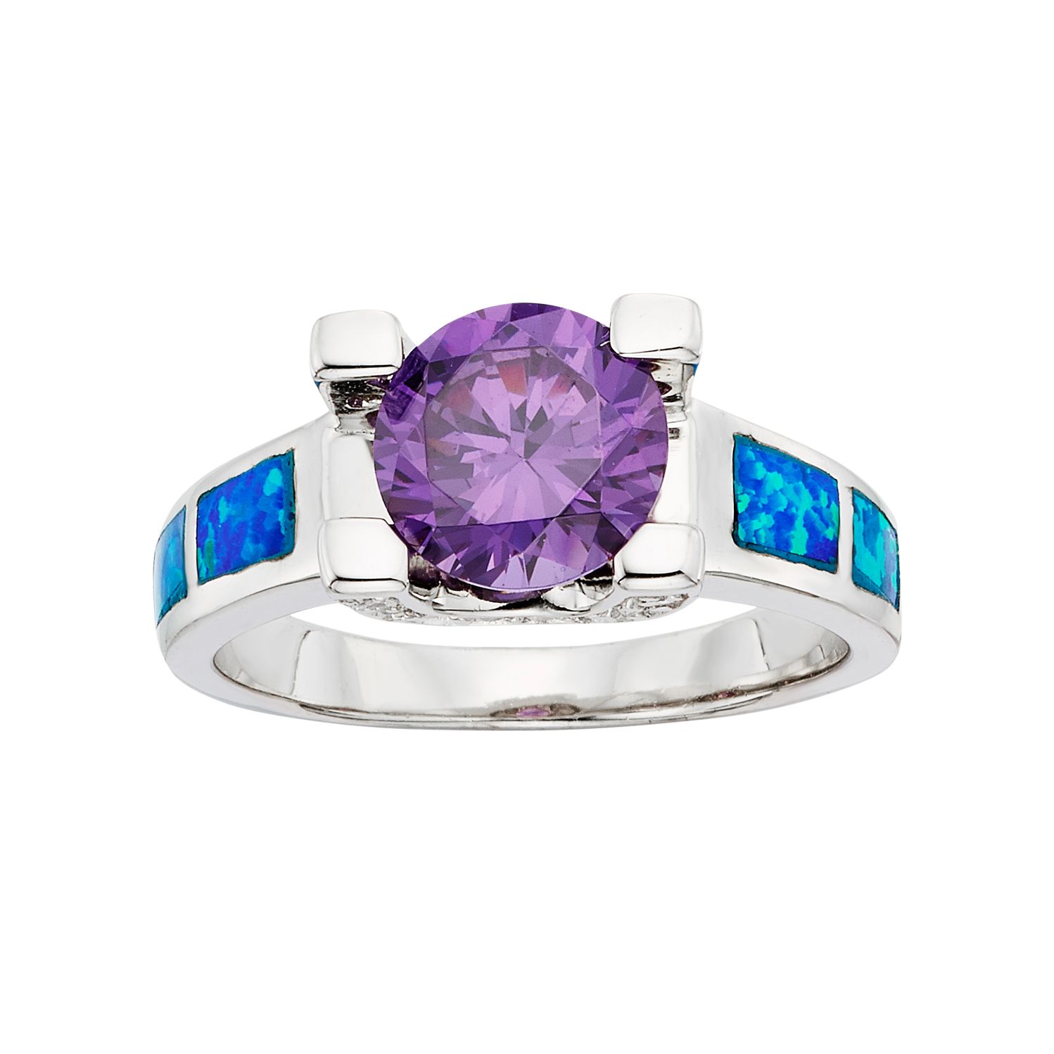 Cubic Zirconia & Lab-Created Blue Opal Sterling Silver Ring