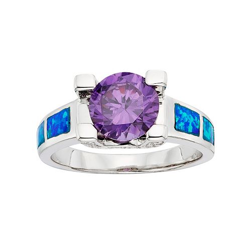 Cubic Zirconia & LabCreated Blue Opal Sterling Silver Ring