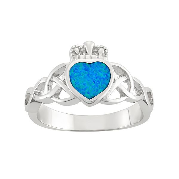 helder legering String string Lab-Created Blue Opal Sterling Silver Claddagh Ring