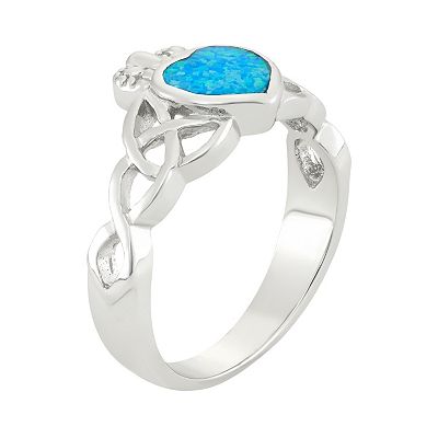 Lab Created Blue Opal Sterling Silver Claddagh Ring