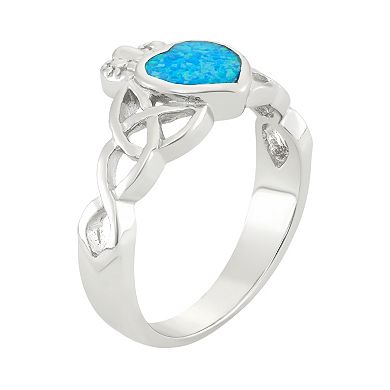 Lab-Created Blue Opal Sterling Silver Claddagh Ring