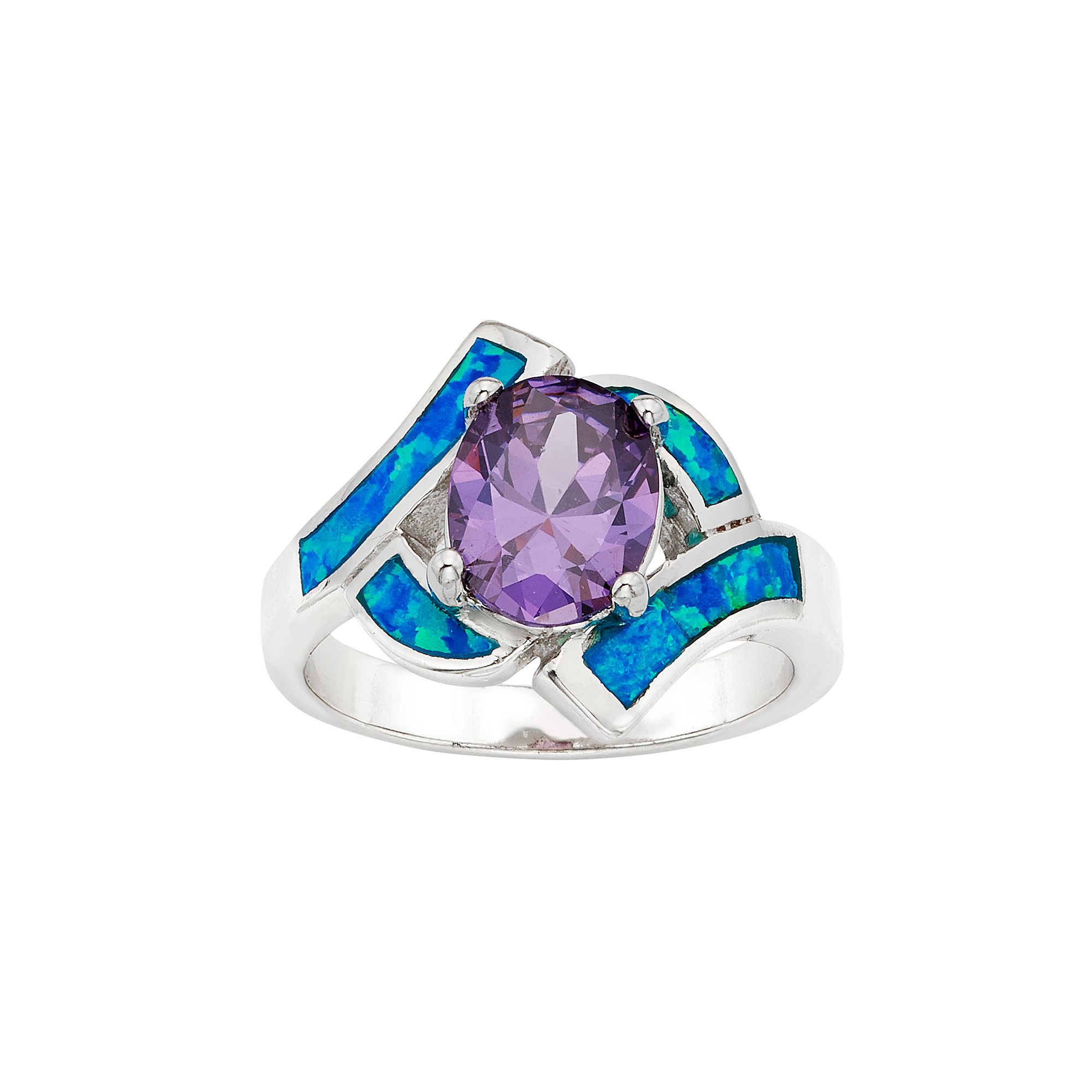 Cubic Zirconia & Lab-Created Blue Opal Sterling Silver Bypass Ring, Womens