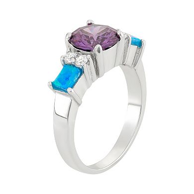 Cubic Zirconia & Lab-Created Blue Opal Sterling Silver 3-Stone Ring