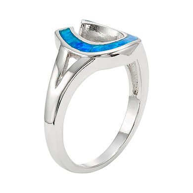Lab-Created Blue Opal Sterling Silver Horseshoe Ring