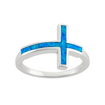 Lab-Created Blue Opal Sterling Silver Sideways Cross Ring