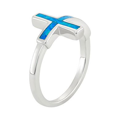 Lab-Created Blue Opal Sterling Silver Sideways Cross Ring