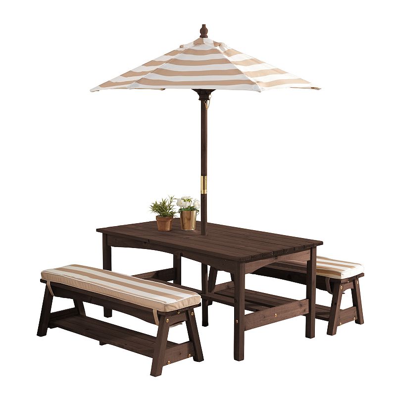 KidKraft KidKraft Outdoor Wooden Table & Bench with Cushions and Umbrella  Espresso