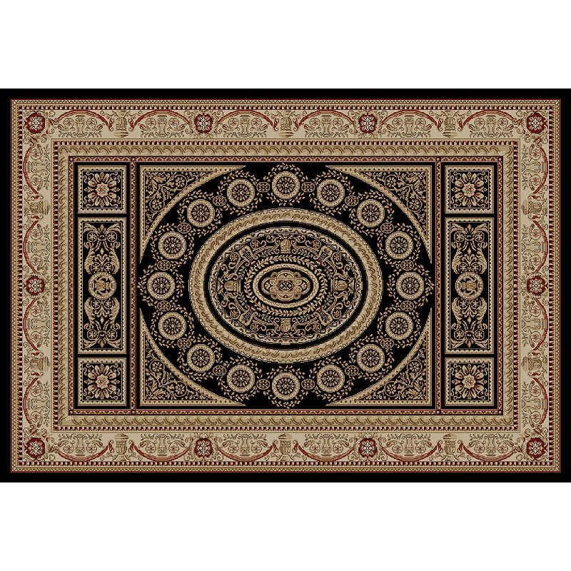 Merinos Aubusson Medallion Framed Rug, Black, 8X10 Ft