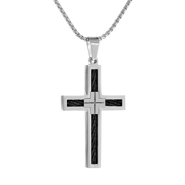 LYNX Stainless Steel Two Tone Cross Pendant Necklace - Men