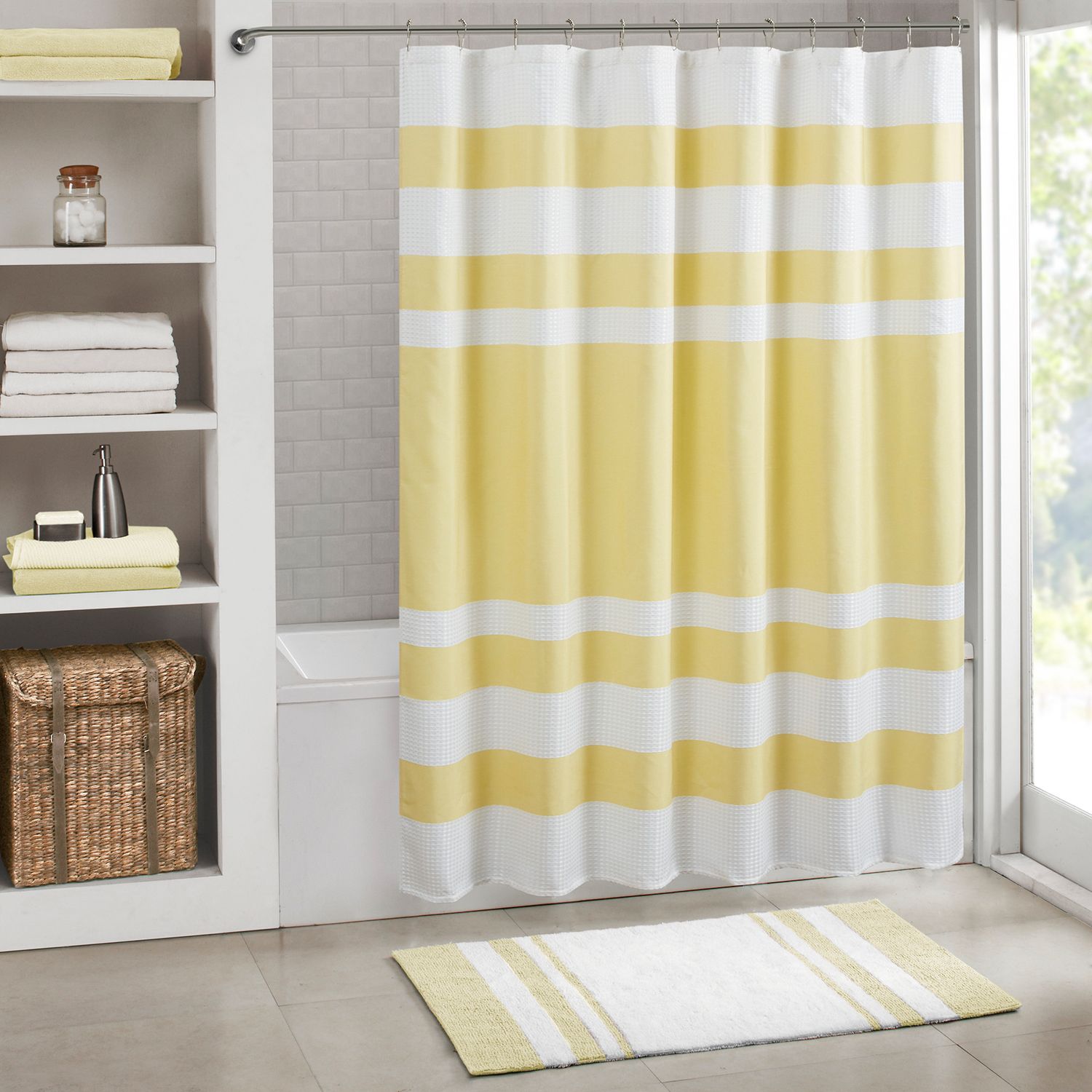 yellow and green shower curtain