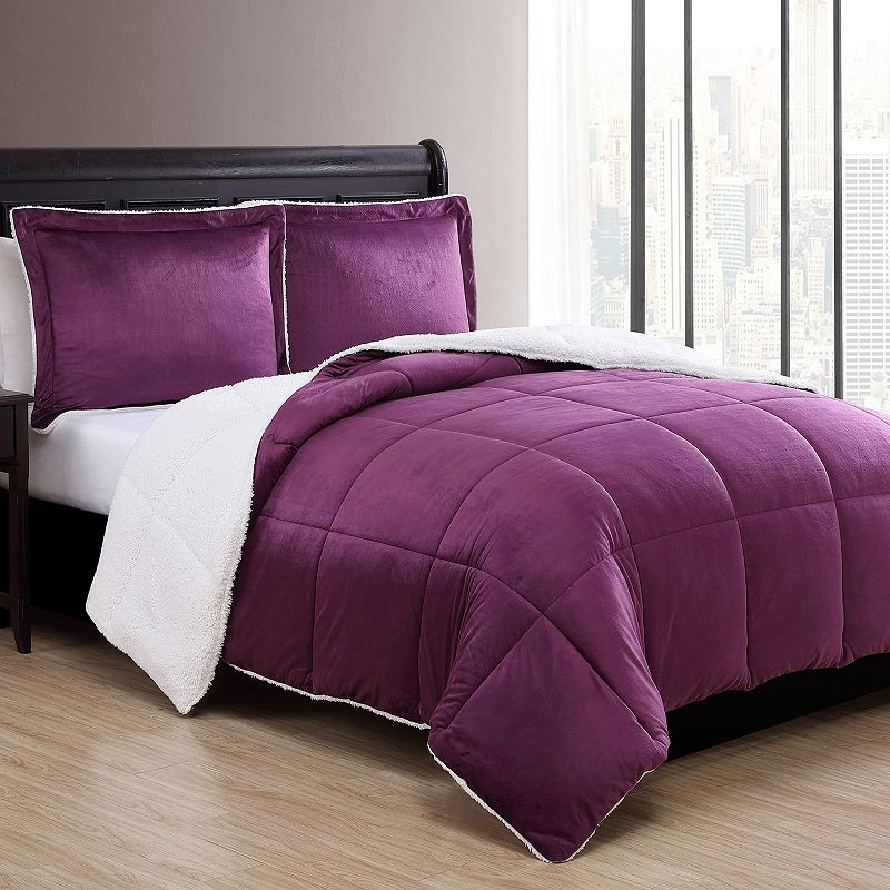 vcny home micro mink sherpa 3-piece comforter set, king, in purple