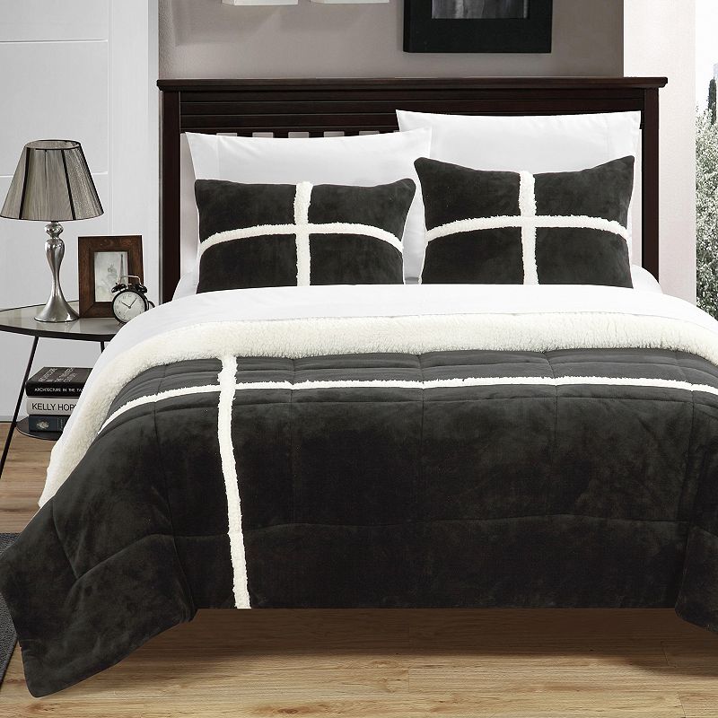 Chloe Plush Microsuede & Sherpa 3-pc. Reversible Comforter Set, Black, Quee