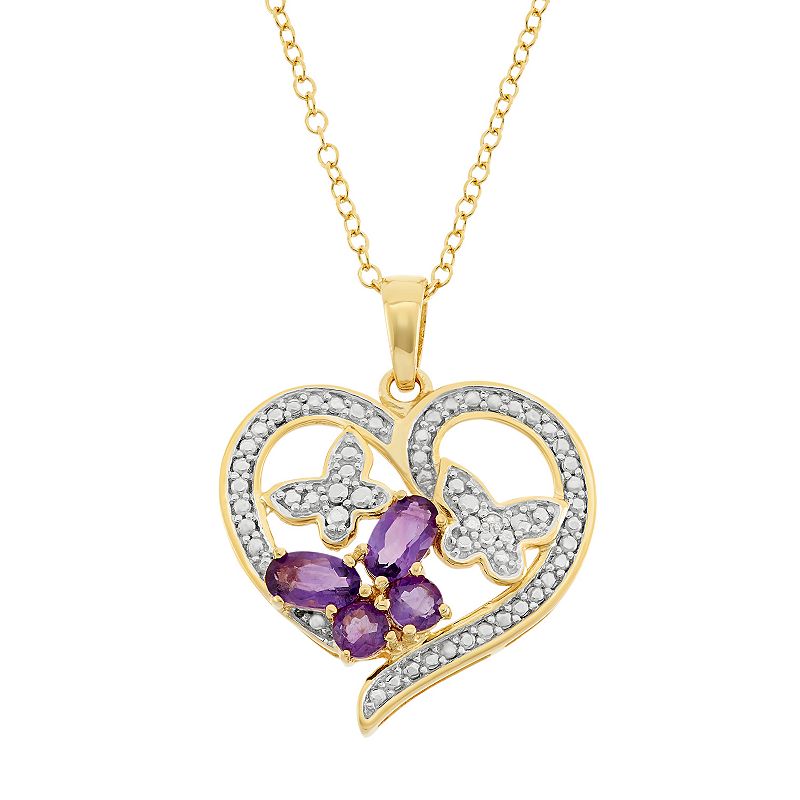 Amethyst 18k Gold Over Silver Butterfly Heart Pendant Necklace, Womens, S