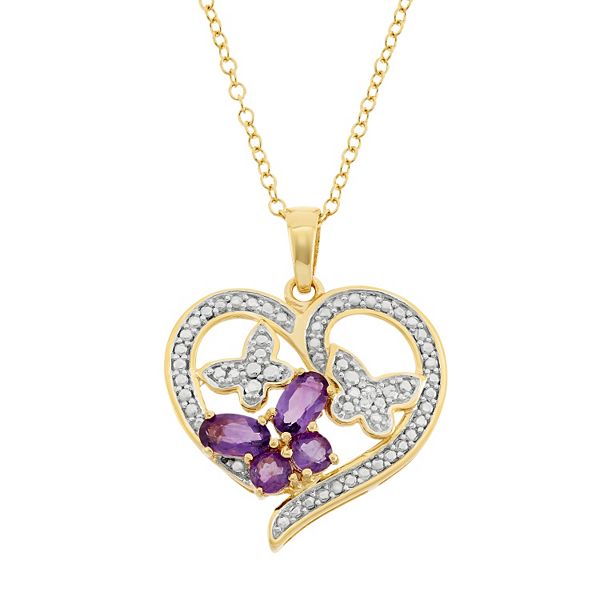 Amethyst 18k Gold Over Silver Butterfly Heart Pendant Necklace