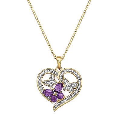 Amethyst 18k Gold Over Silver Butterfly Heart Pendant Necklace