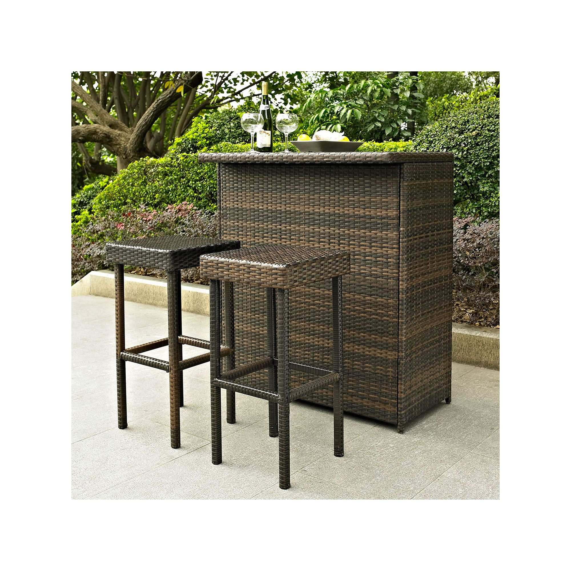 Palm Harbor 3 Piece Outdoor Wicker Bar Set, Brown