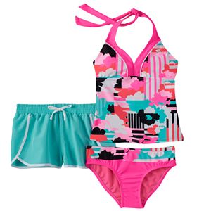 Girls 7-16 ZeroXposur Striped Floral Halterkini Swimsuit & Shorts Set