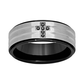 Steel Nation Black Diamond Accent Stainless Steel & Black Ion-Plated Stainless Steel Cross Grooved Band - Men