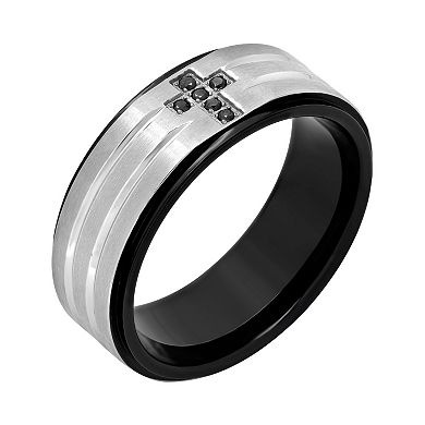Black Diamond Accent Stainless Steel & Black Ion-Plated Stainless Steel Cross Grooved Band - Men