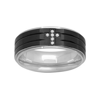Steel Nation Diamond Accent Stainless Steel & Black Ion-Plated Stainless Steel Cross Grooved Band - Men