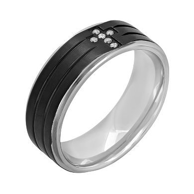 Diamond Accent Stainless Steel & Black Ion-Plated Stainless Steel Cross Grooved Band - Men