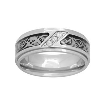 Steel Nation 1/10 Carat T.W. Diamond Stainless Steel & Carbon Fiber Celtic Dragon Band - Men