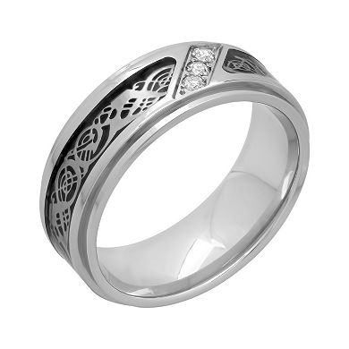 1/10 Carat T.W. Diamond Stainless Steel & Carbon Fiber Celtic Dragon Band - Men
