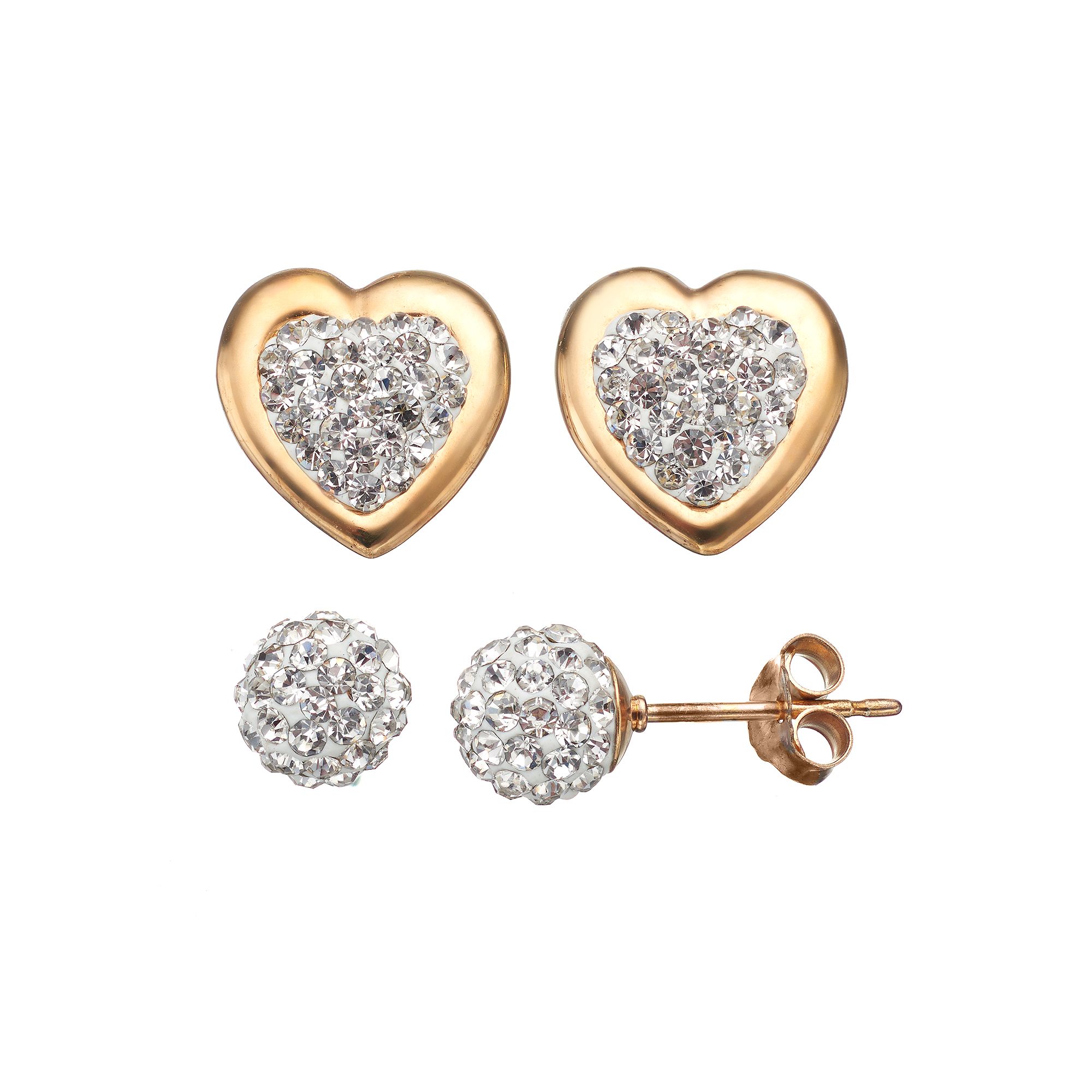 Crystal 14k Gold Over Silver Heart & Ball Stud Earring Set, Womens, White
