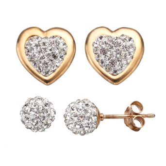 Crystal 14k Gold Over Silver Heart & Ball Stud Earring Set