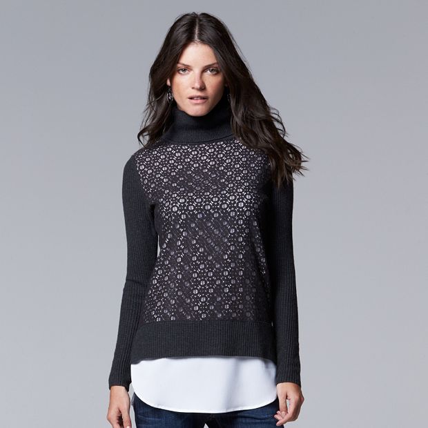 Women's Simply Vera Vera Wang Lace Mock-Layer Turtleneck Sweater