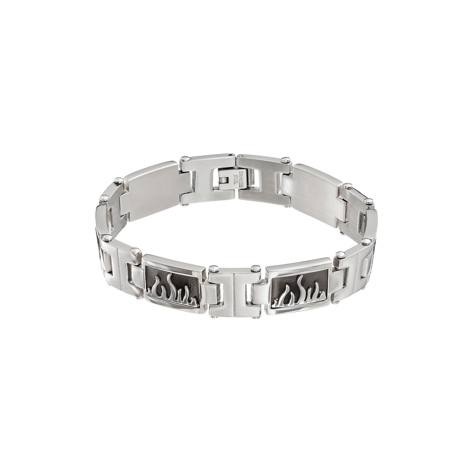 Stainless Steel Flame Rectangle Link Bracelet - Men, Mens, Size: 8.5, G