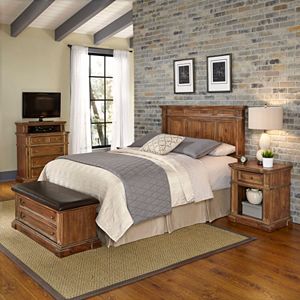 Home Styles Americana Vintage 4-piece Headboard, Night Stand,  Media Chest & Upholstered Bench Set
