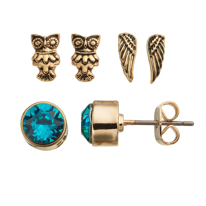 Charming Inspirations Wing & Owl Stud Earring Set, Womens, Blue