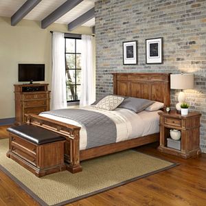 Home Styles Americana Vintage 4-piece Bed, Night Stand, Media Chest & Upholstered Bench Set