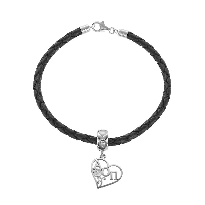 LogoArt Sterling Silver & Leather Alpha Omicron Pi Sorority Heart Bracelet