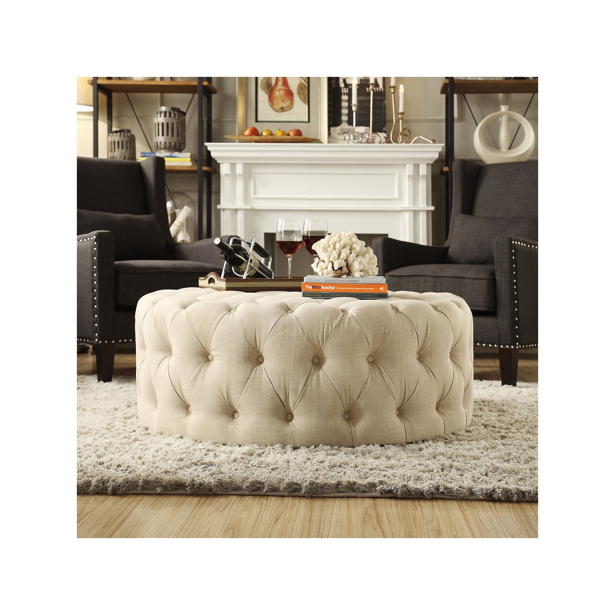 HomeVance Vanderbilt Round Tufted Cocktail Ottoman, Oatmeal