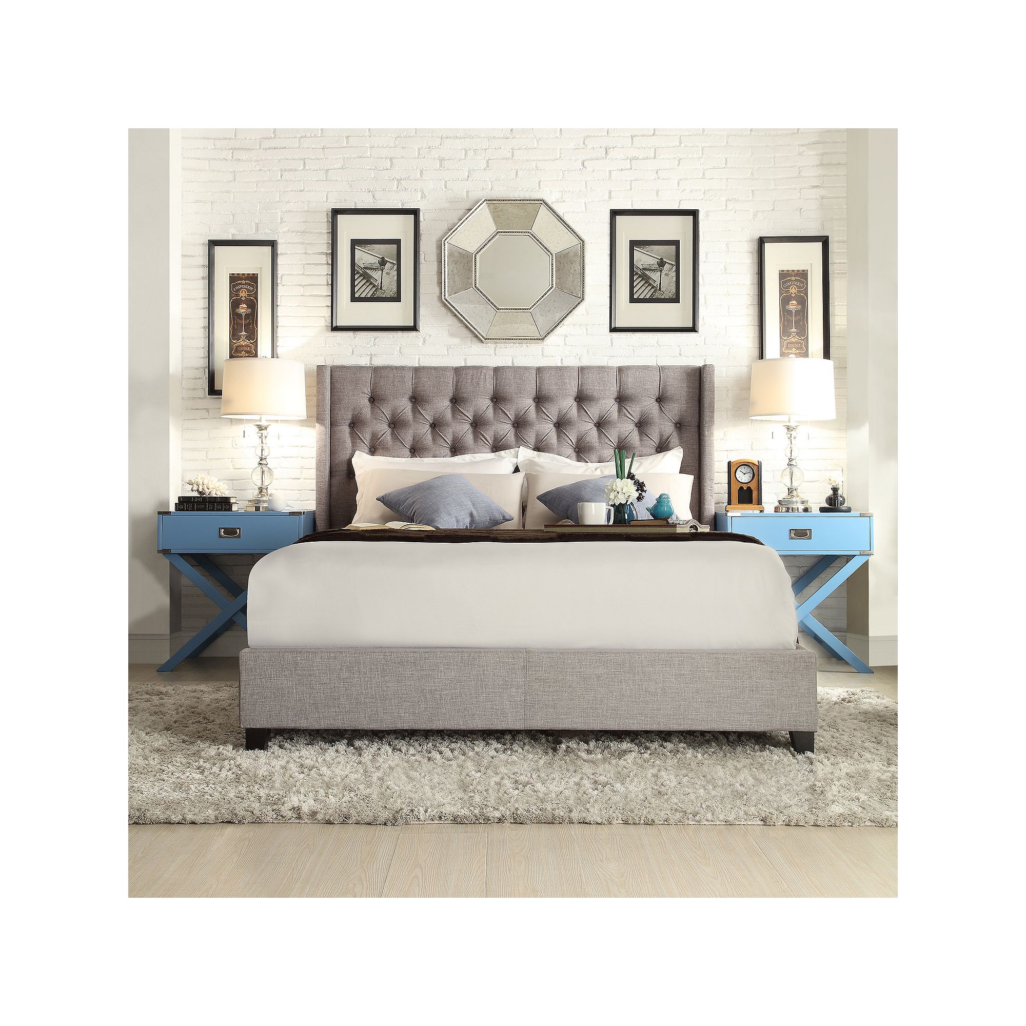 HomeVance Stanford Heights Tufted Wingback Upholstered Bed, Gray