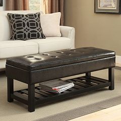 Simpli Home Milltown Small Ottoman Bench in Distressed Black Faux Leather