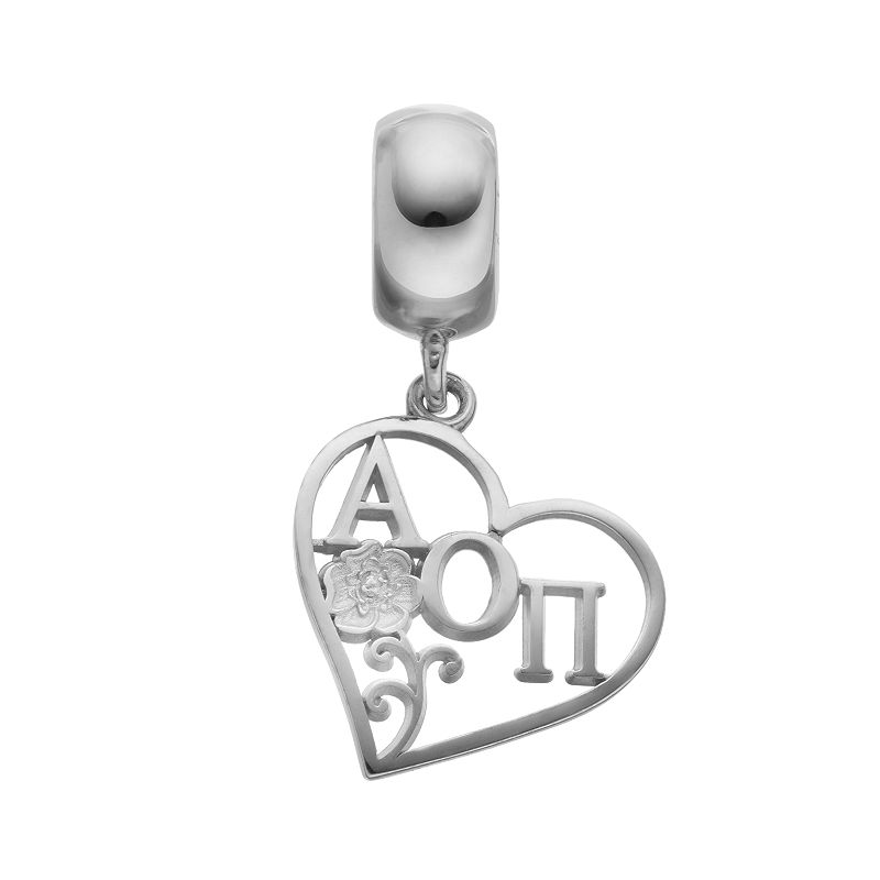 LogoArt Sterling Silver Alpha Omicron Pi Sorority Heart Charm, Womens, Gre