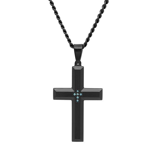 Blue Diamond Accent Black Ion-Plated Stainless Steel Cross Pendant Necklace  - Men