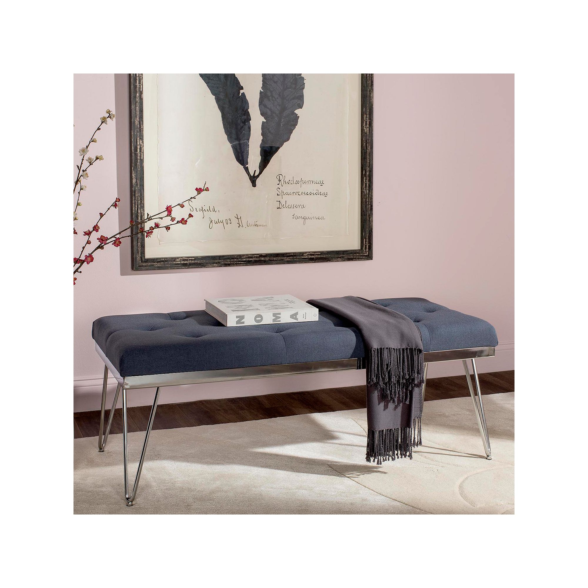 Safavieh Navy Chrome Marcella Bench, Navy Grey