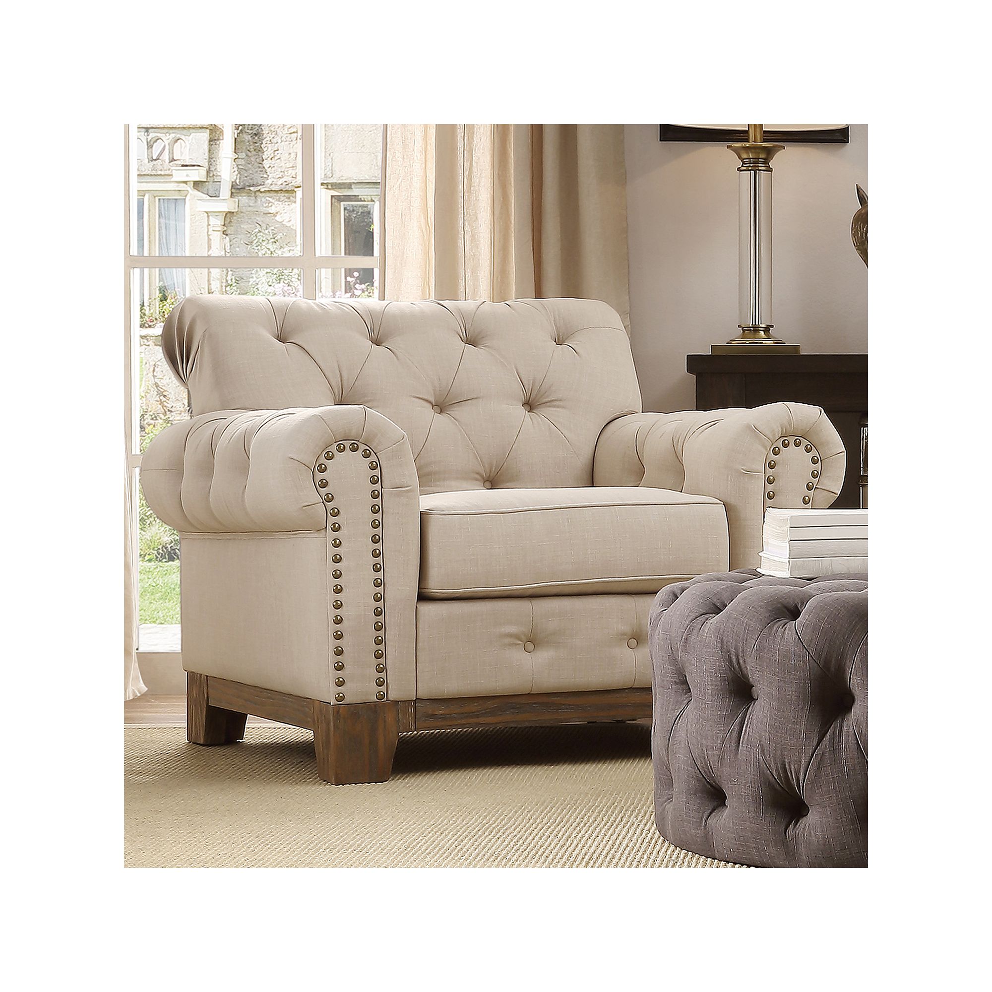 HomeVance Townsend Button Tufted Arm Chair, Beige