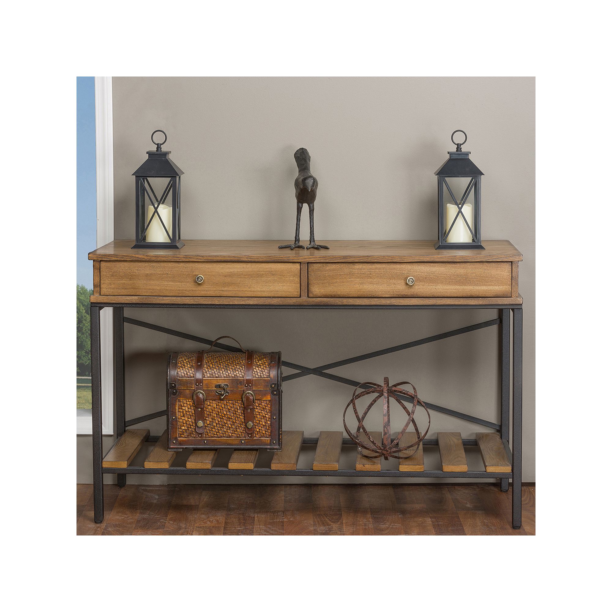 Baxton Studio Newcastle Crisscross Console Table, Brown/Antique Bronze