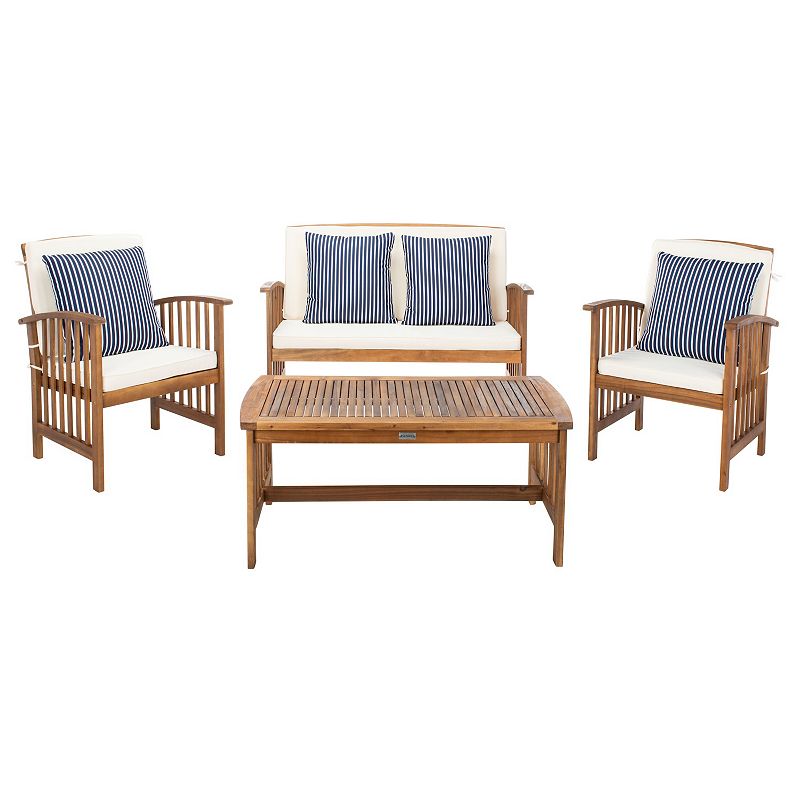 Safavieh Rocklin Outdoor Loveseat, Chair & Coffee Table 4-piece Set, Brown Beige Stripe