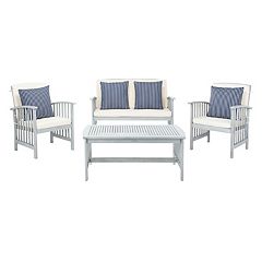 Flash Furniture Evin Boho 4 Piece Indoor/Outdoor Rope Rattan Patio Conversation Set with Tempered Glass Top Coffee Table and Cushions - Natural/Gray