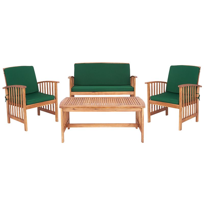 Safavieh Rocklin Outdoor Loveseat, Chair & Coffee Table 4-piece Set, Natural Green Cushion